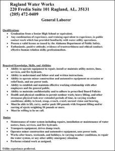 Ragland Water Works announces the job opening for a general laborer. Please see qualifications and job description. | Ragland Alabama